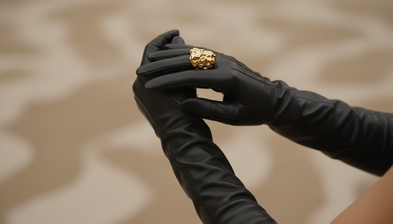 Девушка в кожаных перчатках и крупном золотом кольце с текстурой
