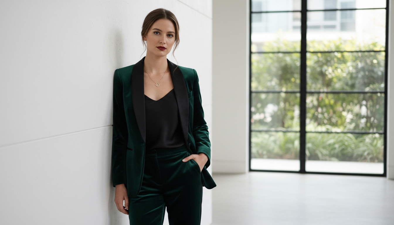 Женщина в бархатном изумрудном смокинге с атласными лацканами.