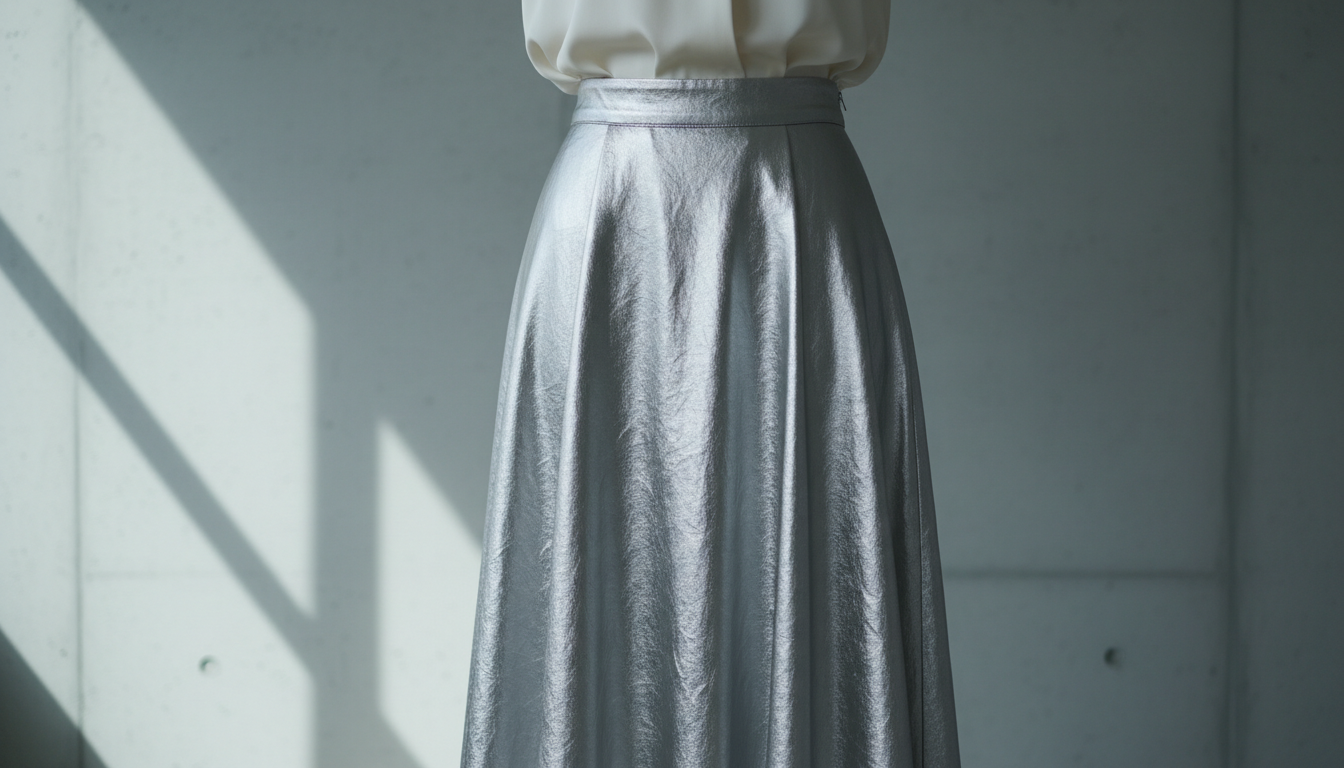 Крупный план юбки-макси из серебристого ламе с высокой посадкой.