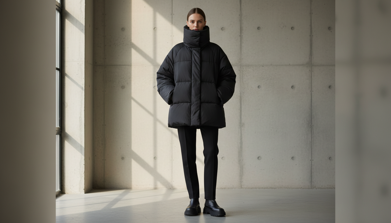 Модель в объемном черном пуховике оверсайз с высоким воротом