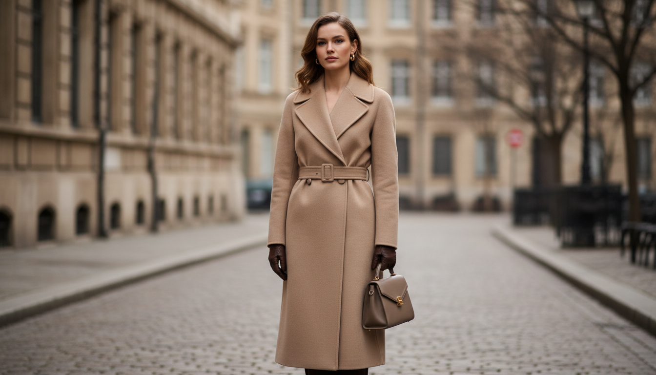 Элегантное шерстяное пальто бежевого цвета, идеально подходящее для холодной погоды
