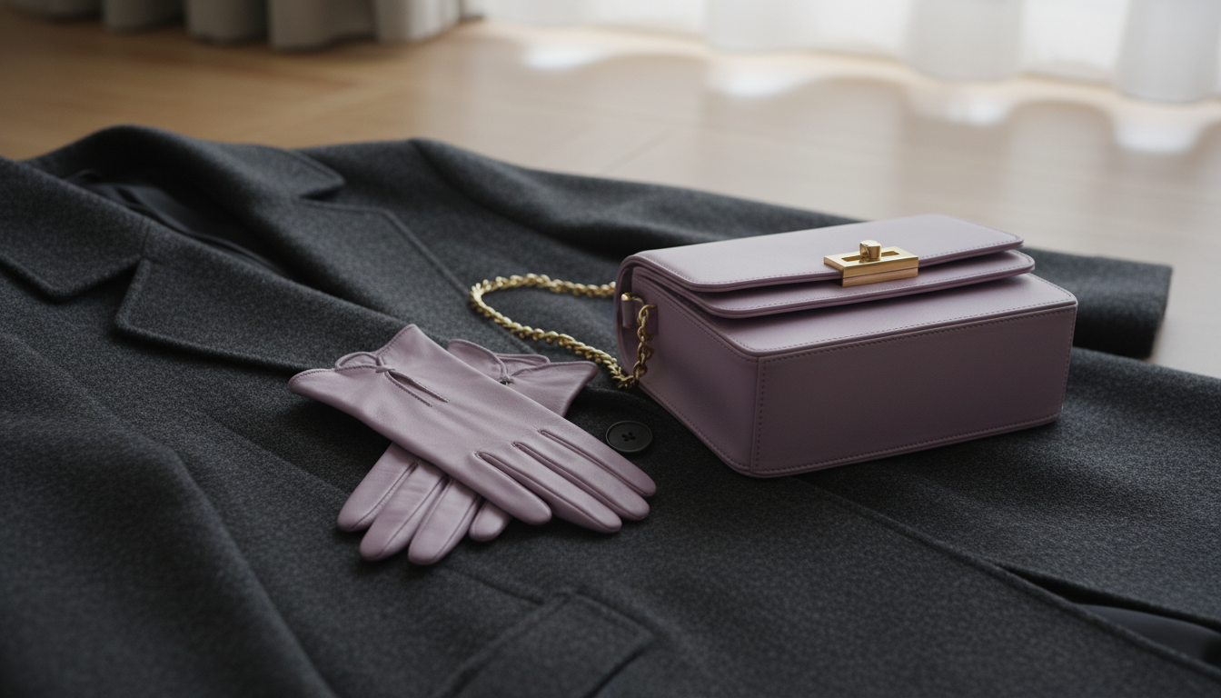 Аксессуары: Сумка и перчатки в сиреневом цвете на фоне темного пальто.