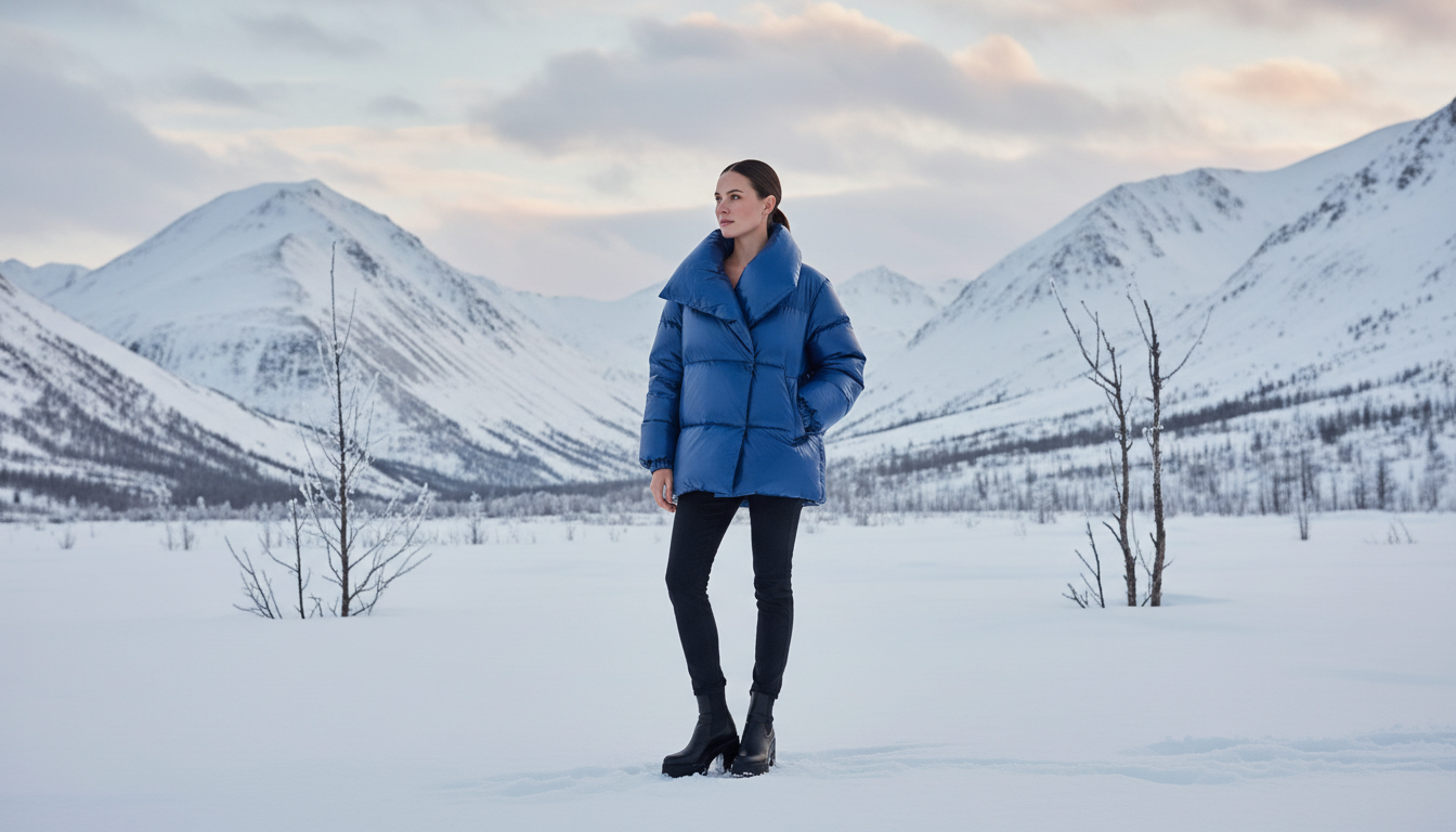 Девушка в ярко-синем объемном пуховике на фоне зимнего пейзажа