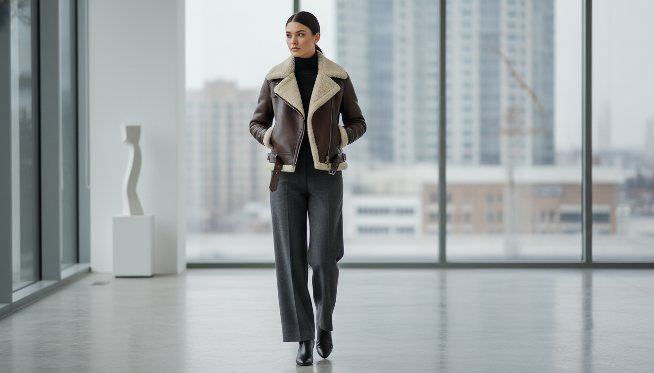Модель в кожаном бомбере-авиаторе с белым меховым воротником