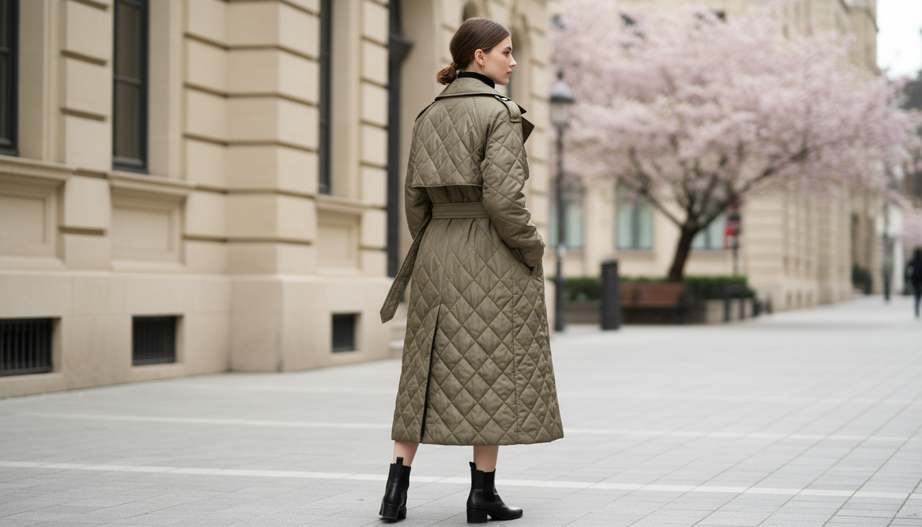 Стильный стёганый плащ в цвете хаки, завязанный на талии