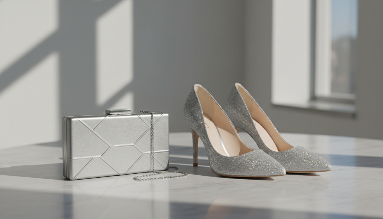 Серебристый клатч-бокс и туфли-лодочки на высоком каблуке.