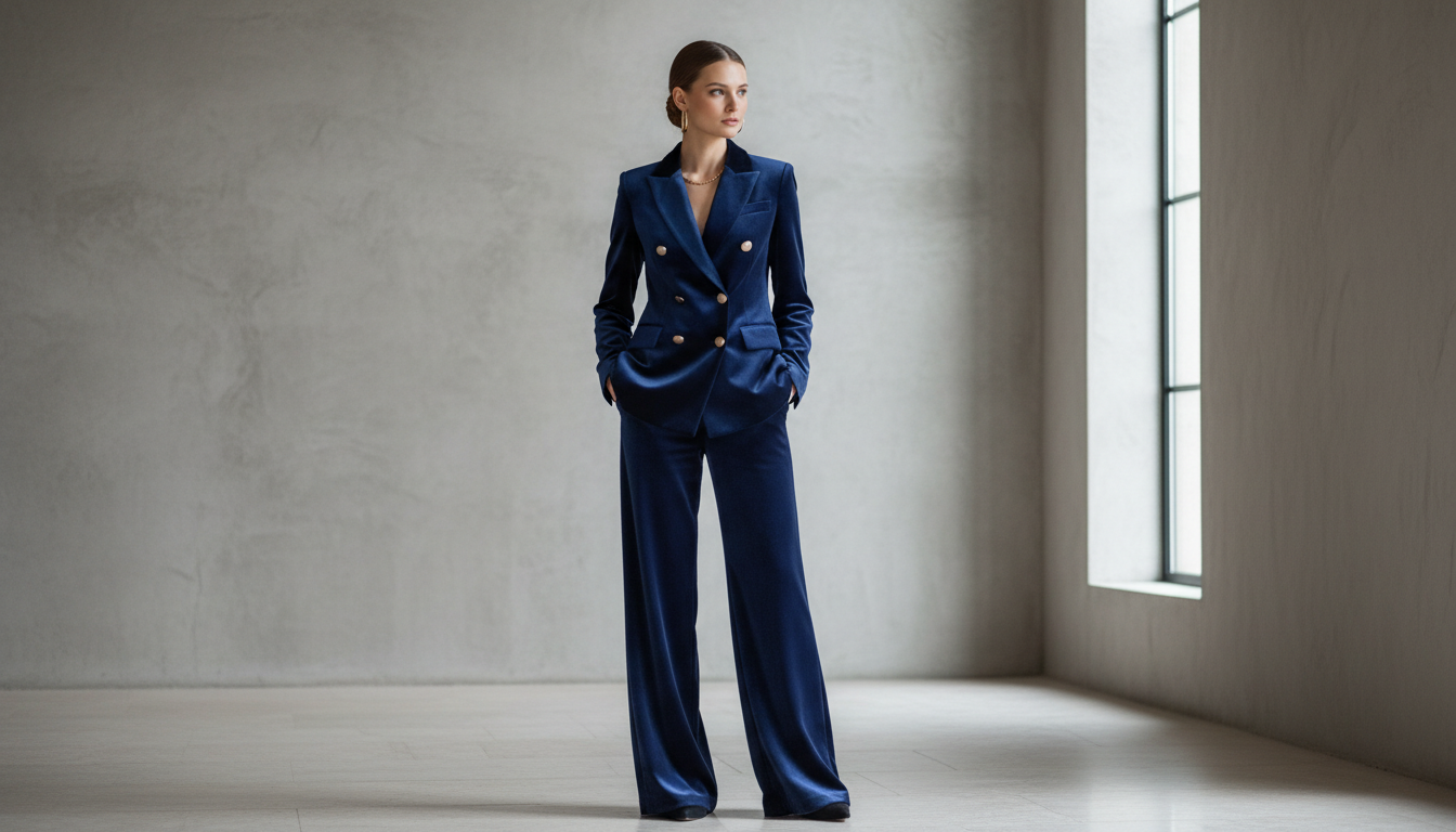 Модель в глубоком синем бархатном брючном костюме с двубортным пиджаком.