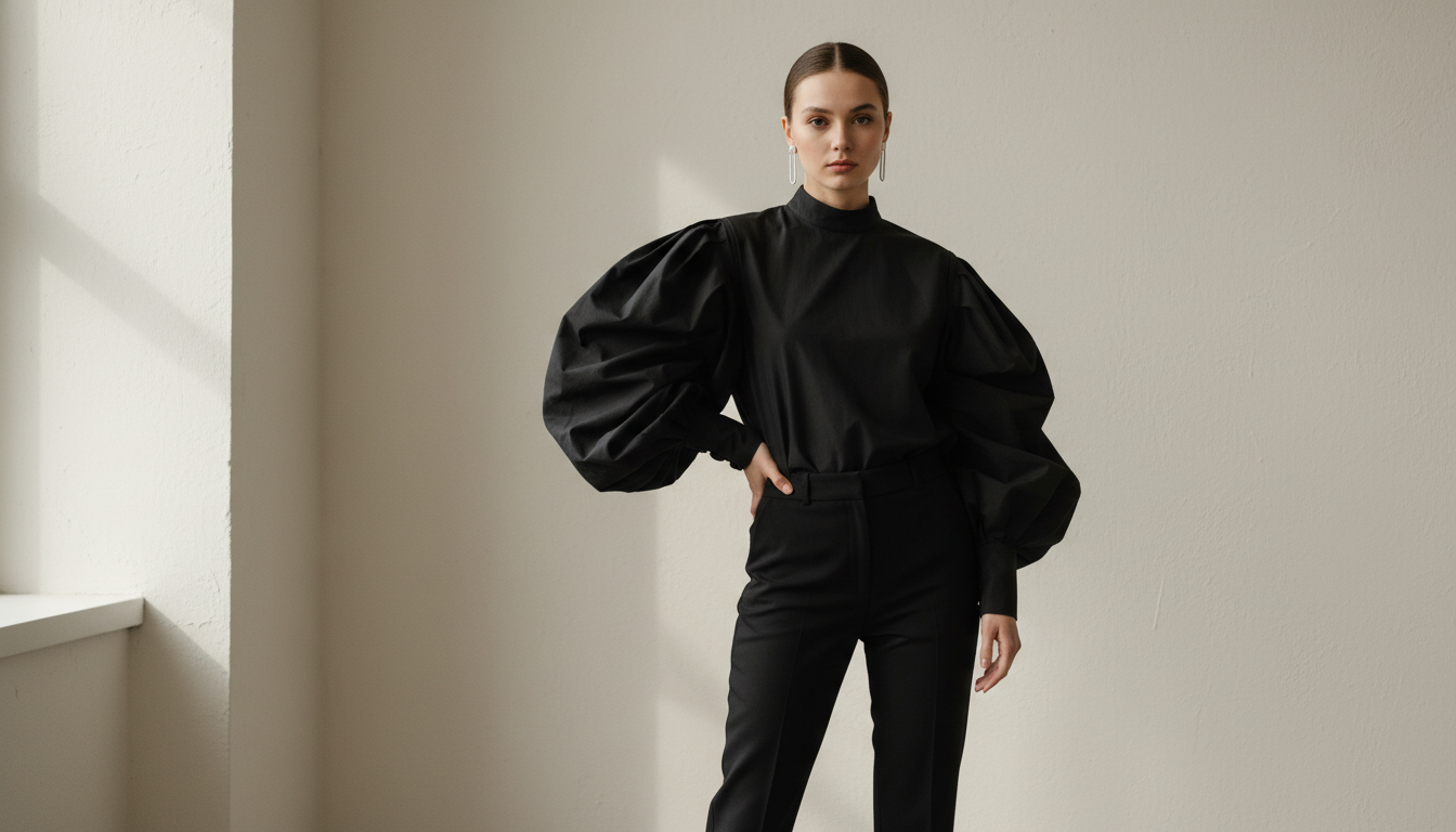 Девушка в черной блузе с гипертрофированными рукавами-буфами.