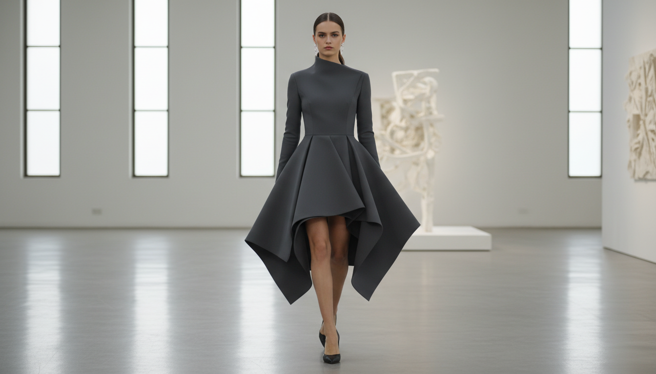 Платье с асимметричным архитектурным подолом из плотной ткани.