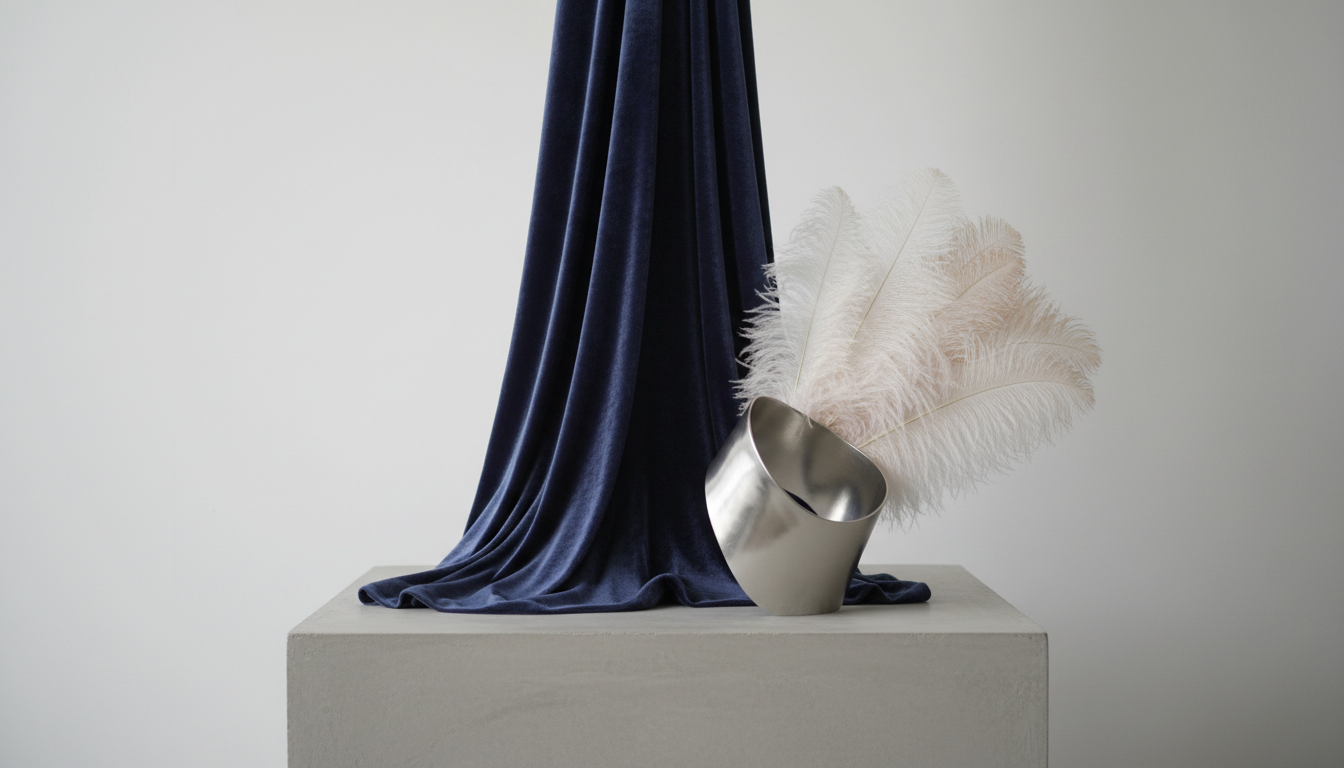 Иллюстрация: три модных элемента (бархат, металлик, перья) на одной композиции.