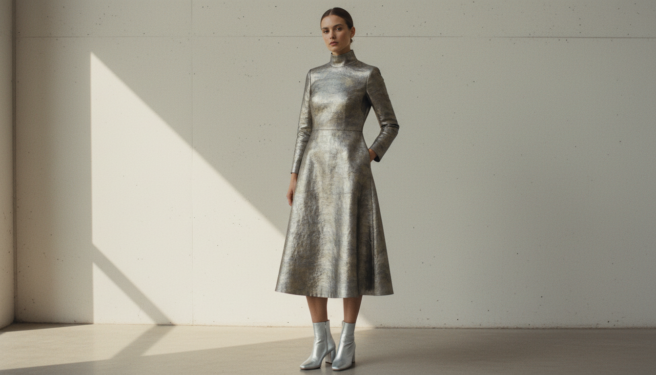 Металлизированное платье-миди из плотной ткани с высоким воротом