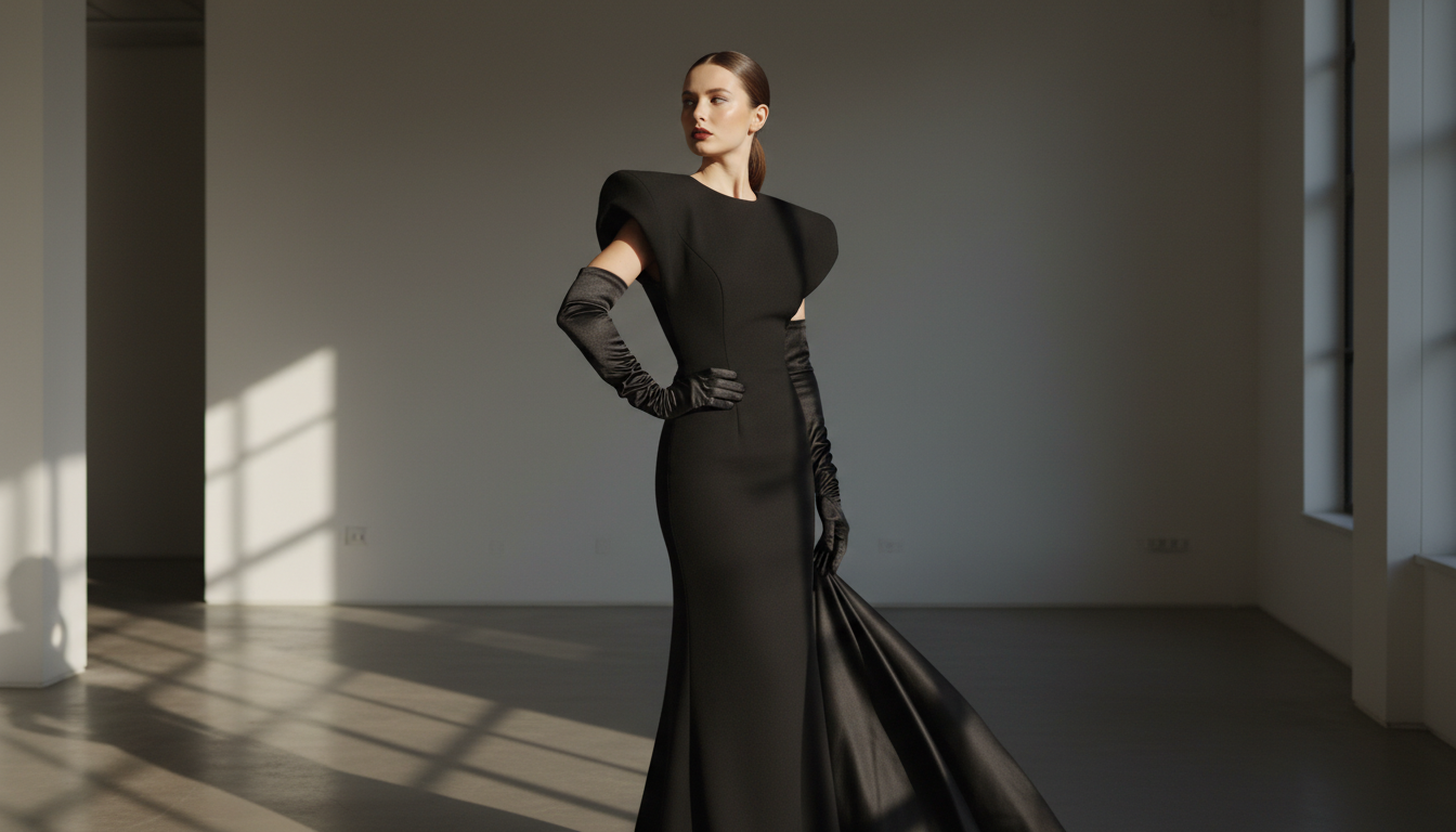 Модель в черном платье с гипертрофированными плечами и длинными атласными перчатками