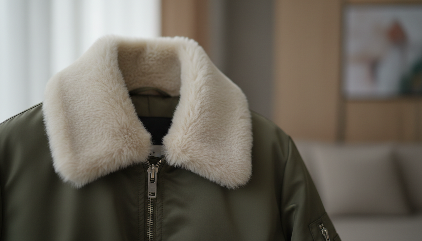 Крупный план воротника бомбера, отделанного густым искусственным мехом