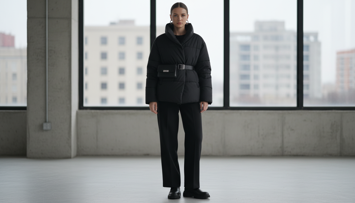 Девушка в черном пуховике-коконе, стилизованном с помощью поясной сумки