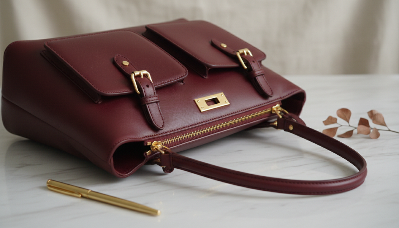 Крупный план кожаной сумки-тоут цвета Oxblood с золотой фурнитурой.