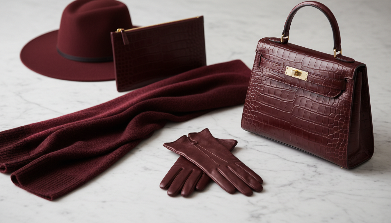 Разнообразие аксессуаров: перчатки, шарф, сумка в оттенках Oxblood.
