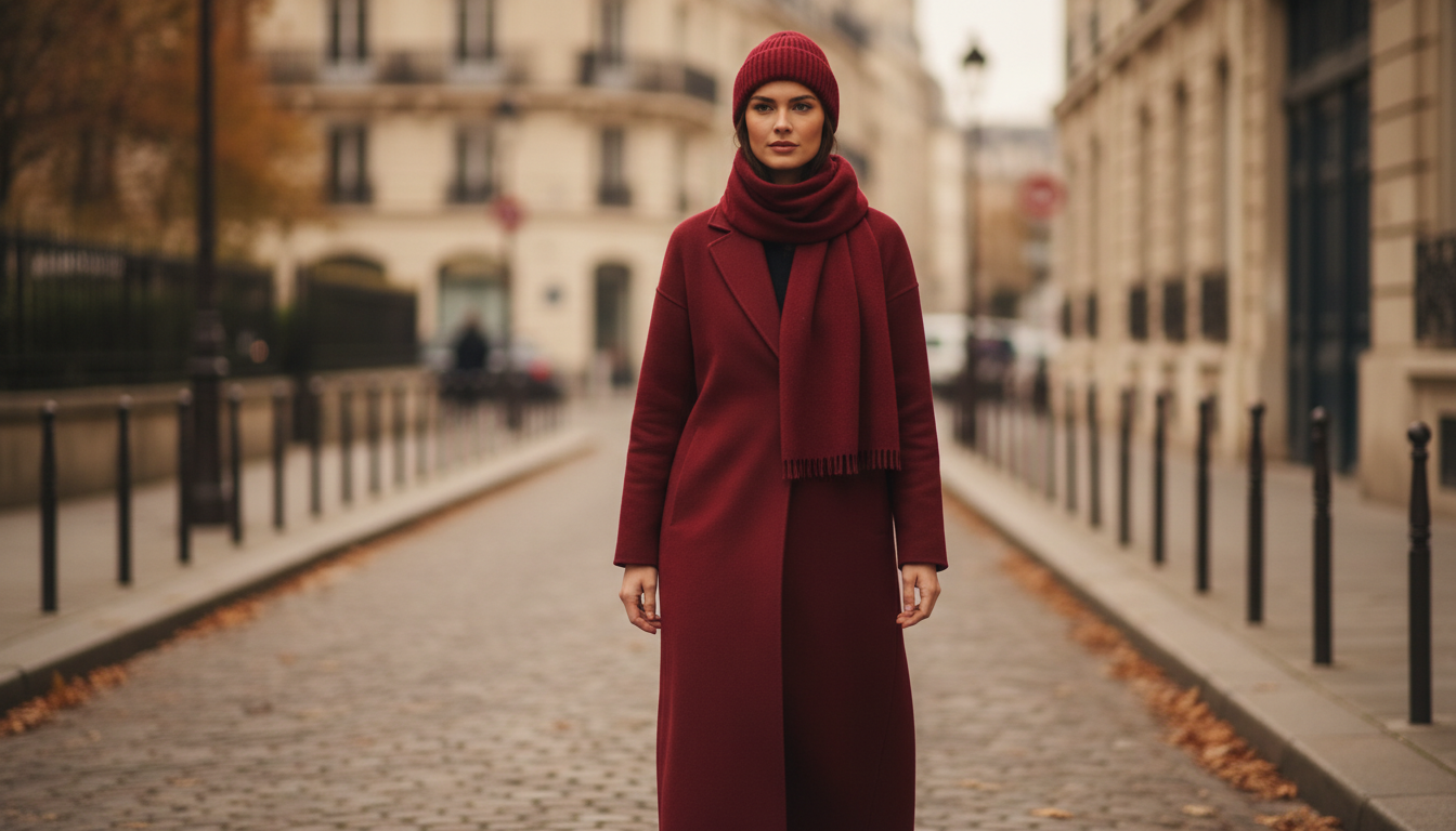 Девушка в длинном монохромном пальто, шарфе и шапке цвета Deep Cherry Red, идущая по улице.