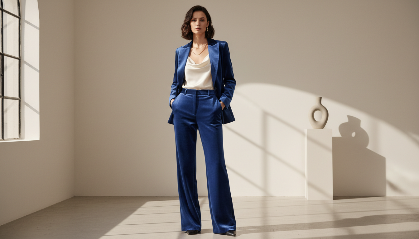 Стилизованный бархатный брючный костюм цвета сапфир с шелковым топом