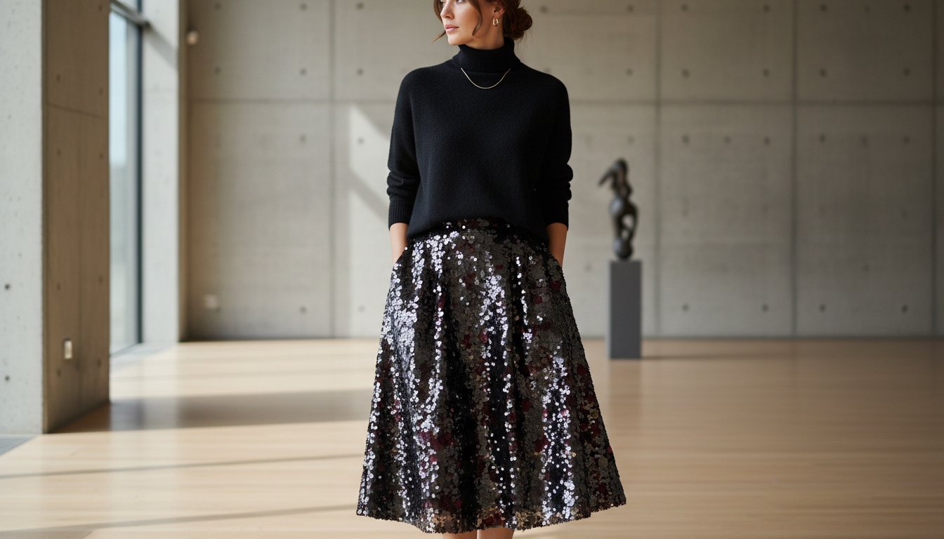 Девушка в юбке-миди с крупными матовыми пайетками и черном кашемировом свитере
