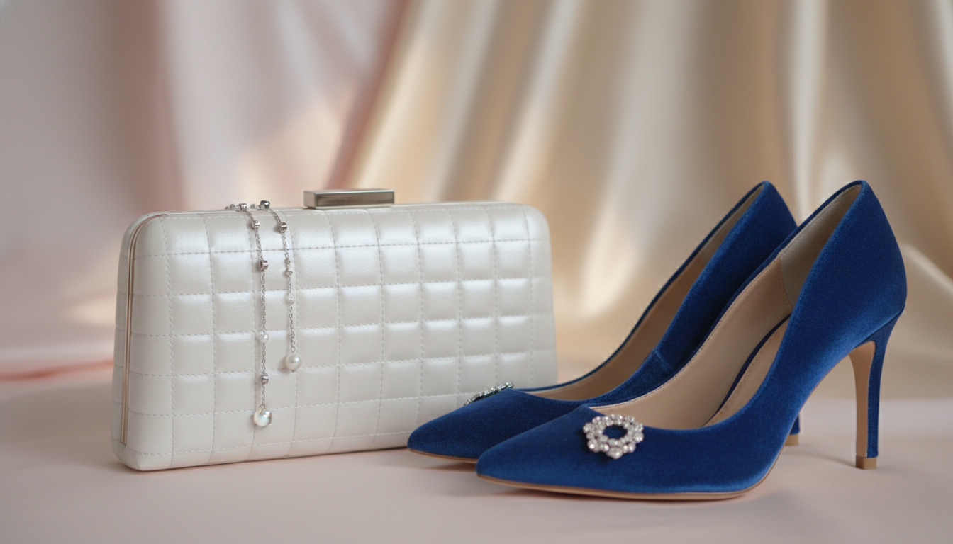 Крупный план элегантных праздничных аксессуаров: клатч, туфли-лодочки и тонкий браслет