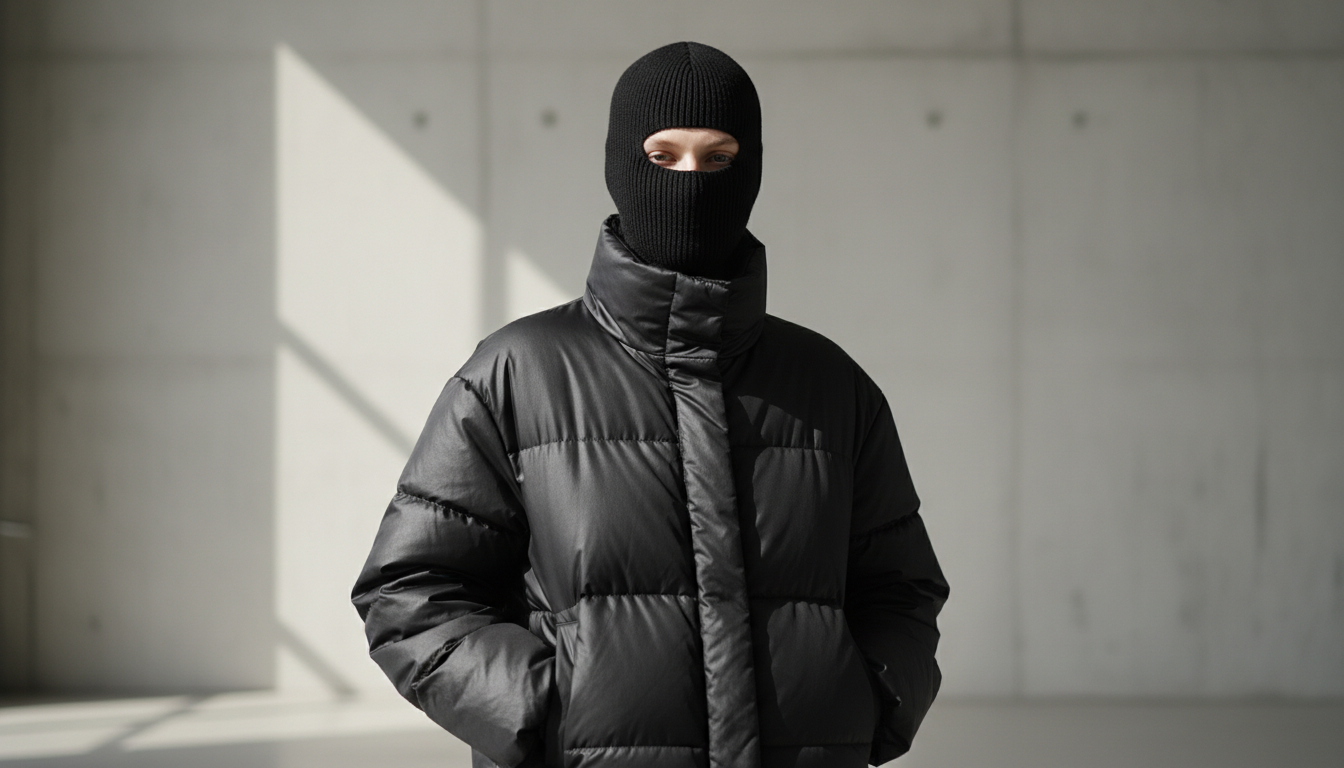 Модель в черной вязаной балаклаве и стеганом пуховике