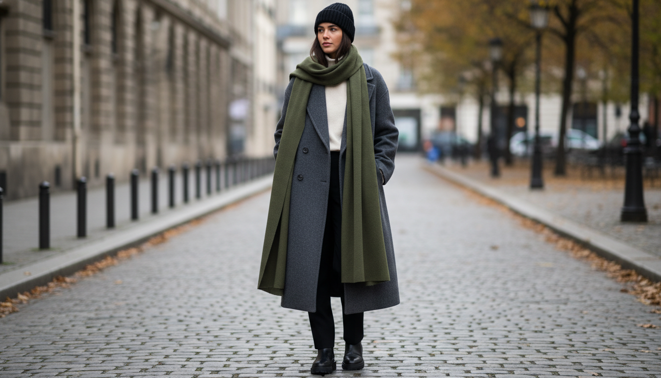 Стилизованный образ: бини, классическое пальто и длинный шарф