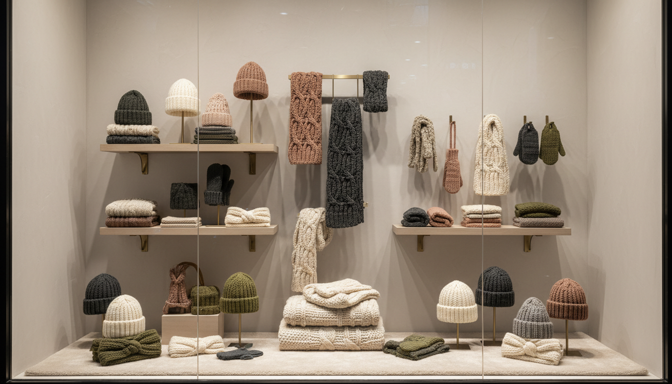 Стилизованная витрина магазина с множеством вязаных аксессуаров