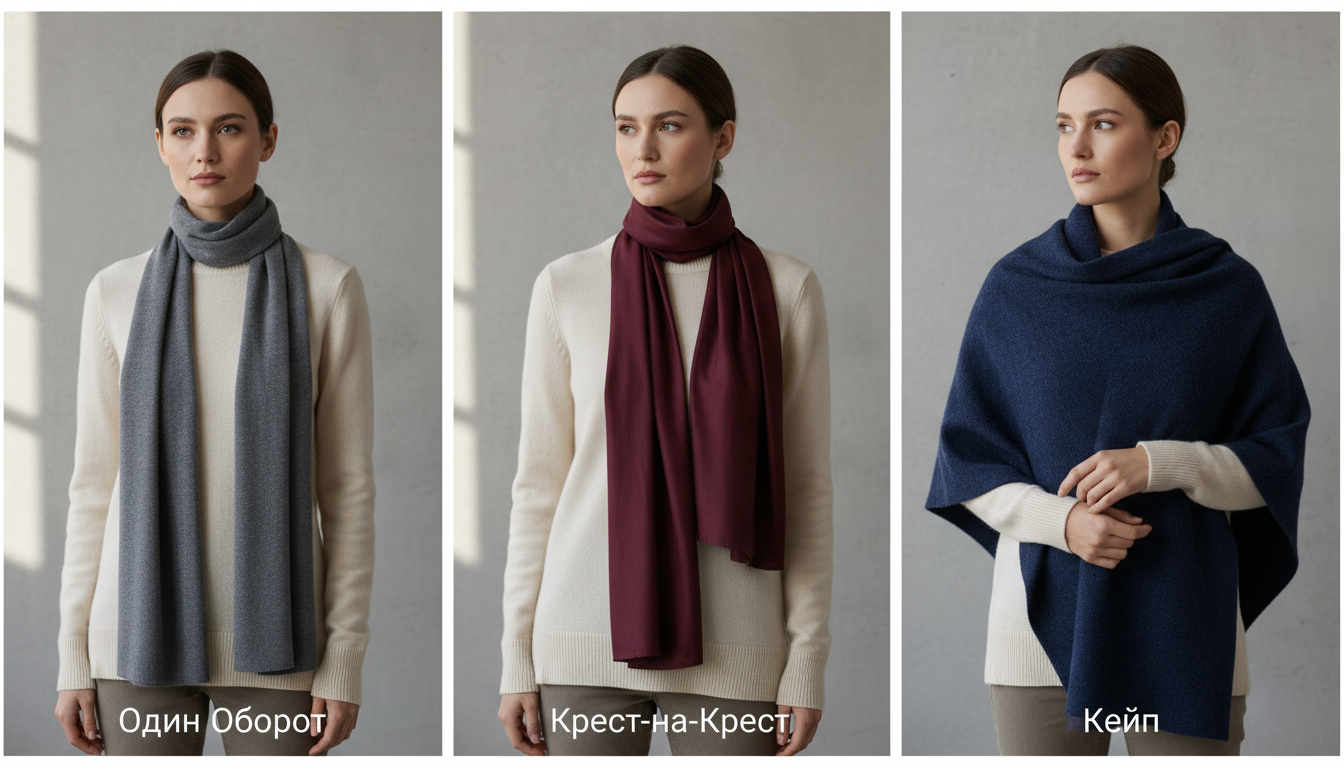 Иллюстрация трех способов завязывания длинного шарфа: 'Один Оборот', 'Крест-на-Крест', 'Кейп'.