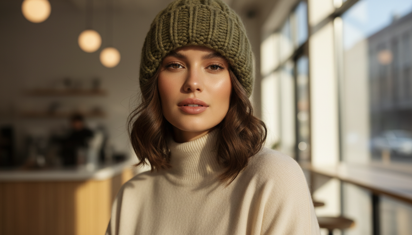 Модель в объемной шапке-бини крупной вязки цвета хаки.