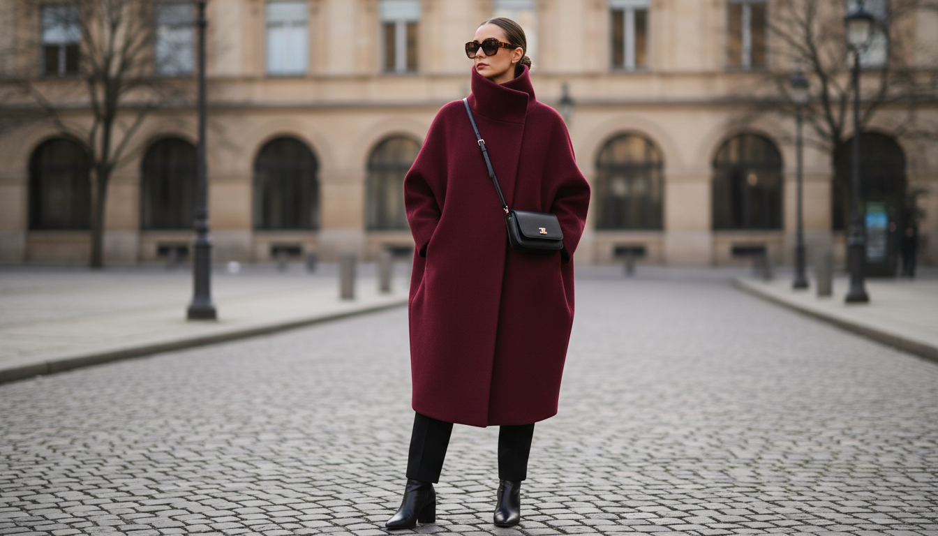 Девушка в оверсайз пальто-коконе цвета бургунди, с высоким воротником.