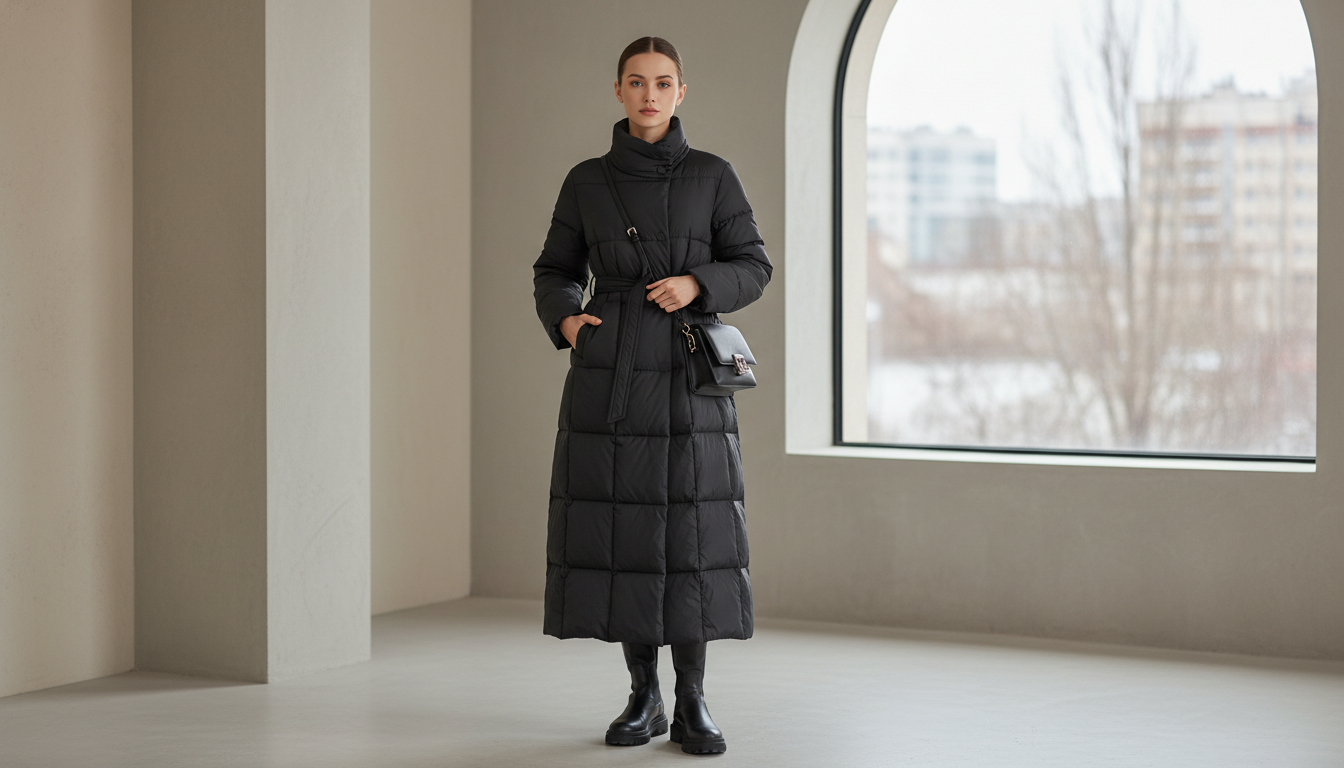 Стеганый длинный пуховик черного цвета с поясом на талии.