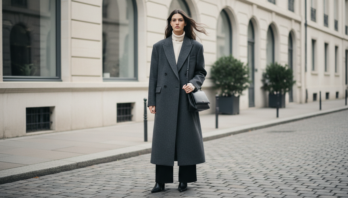 Модель в длинном сером двубортном шерстяном пальто макси-длины.