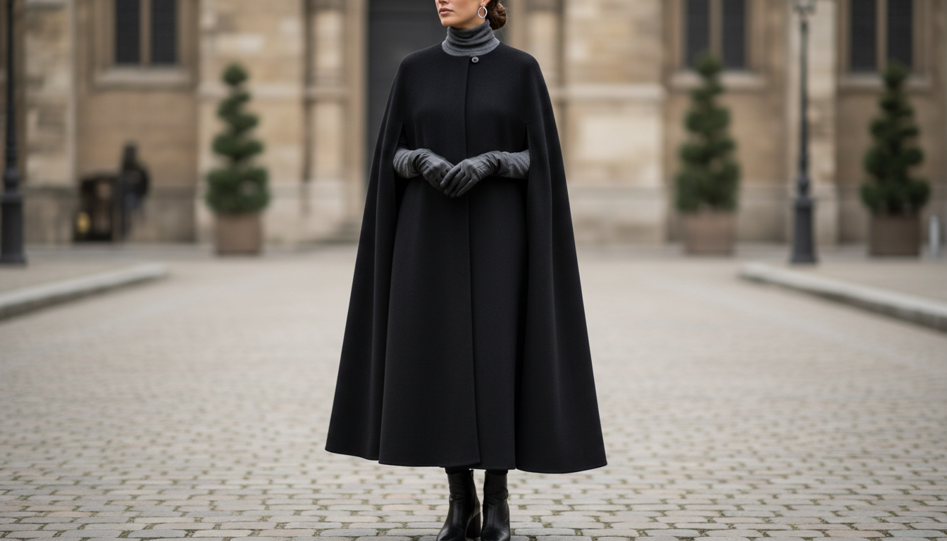 Элегантный черный шерстяной кейп, надетый поверх тонкого свитера.