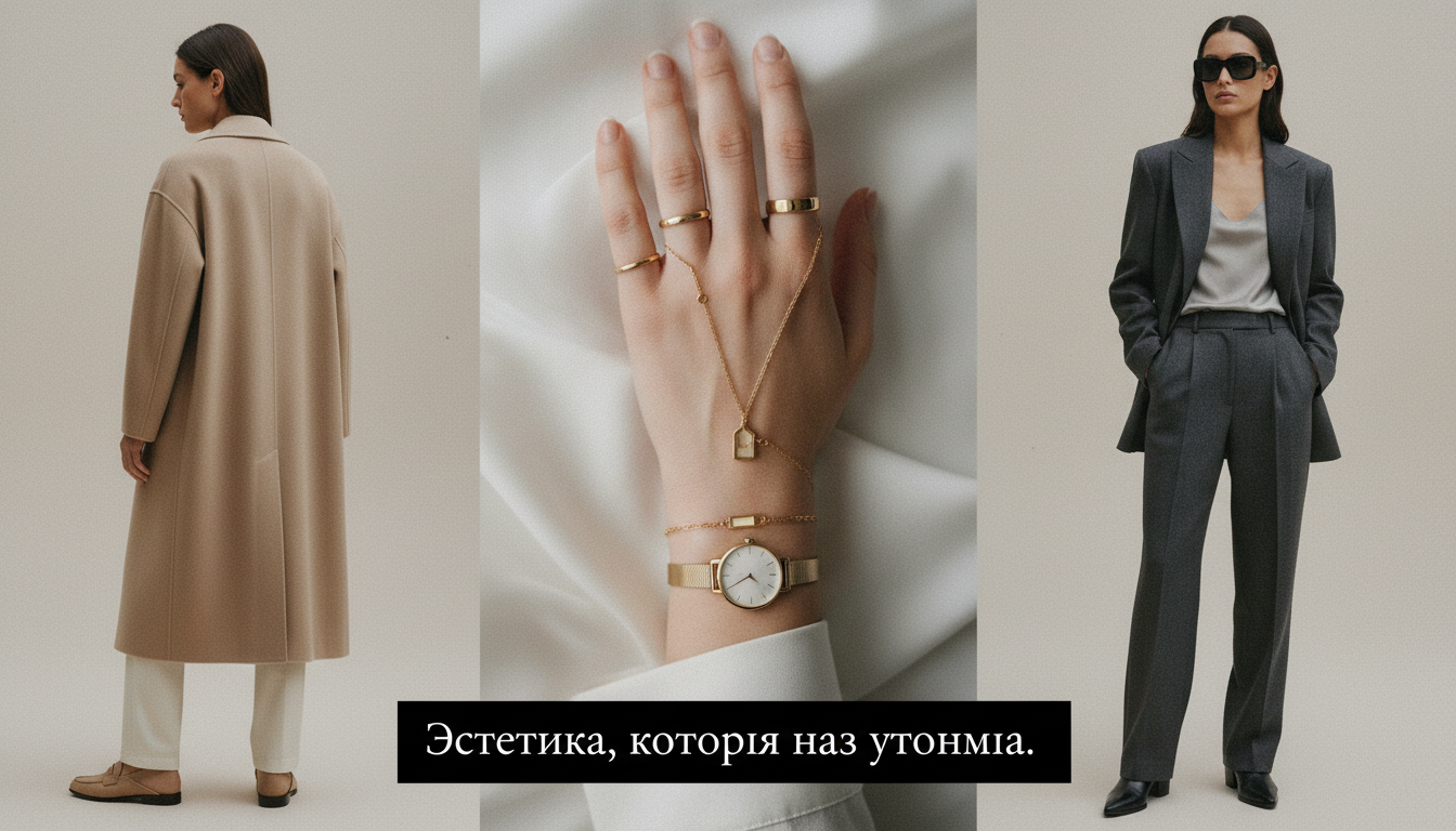 Коллаж из образов 2023 года в стиле Quiet Luxury: бежевые пальто, минималистичные украшения, монохромные костюмы. Подпись: 'Эстетика, которая нас утомила.'