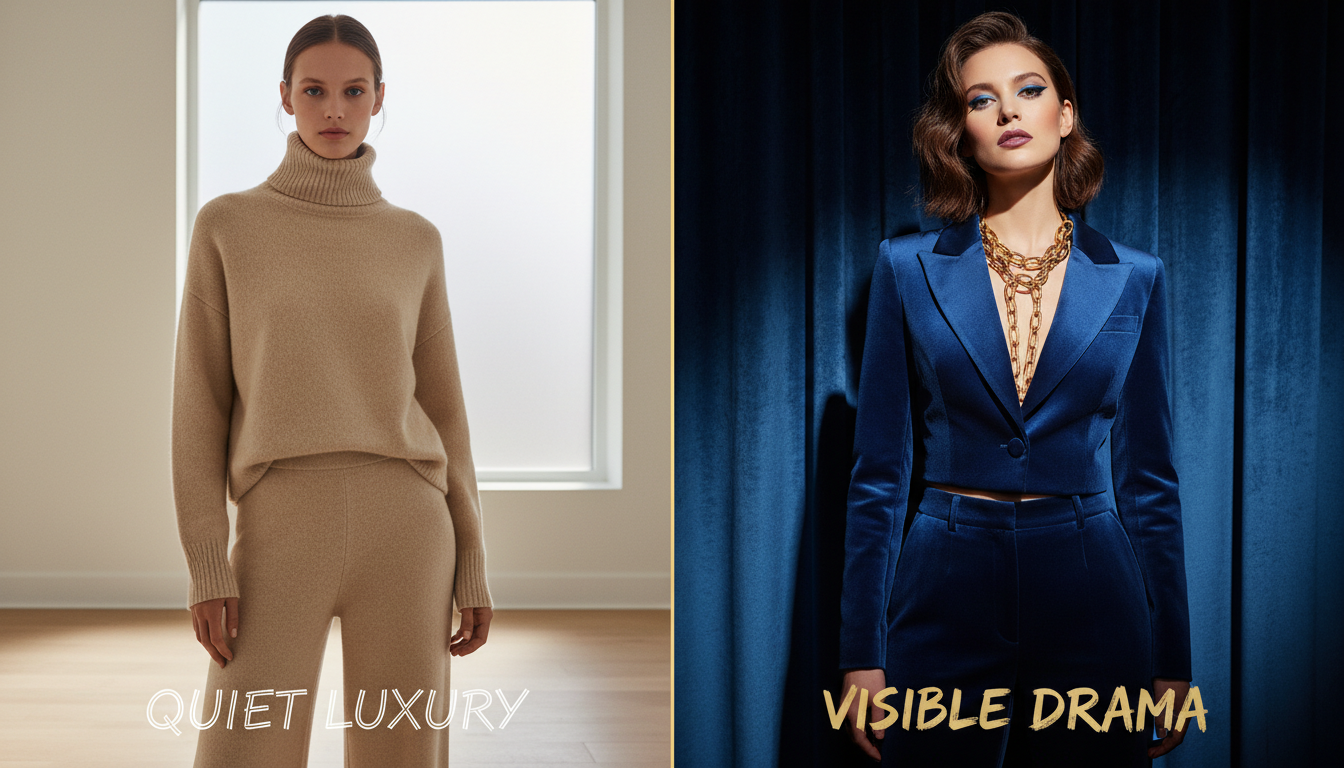 Сравнение: слева - модель в бежевом кашемире (QL), справа - модель в ярком синем бархатном костюме с массивным золотым колье (Visible Drama).