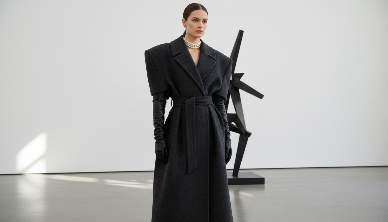 Модель в драматичном пальто с гипертрофированными плечами и длинными оперными перчатками.