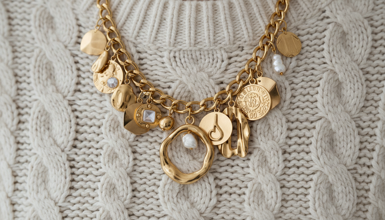 Деталь: крупное золотое колье с подвесками на фоне вязаного свитера крупной вязки.