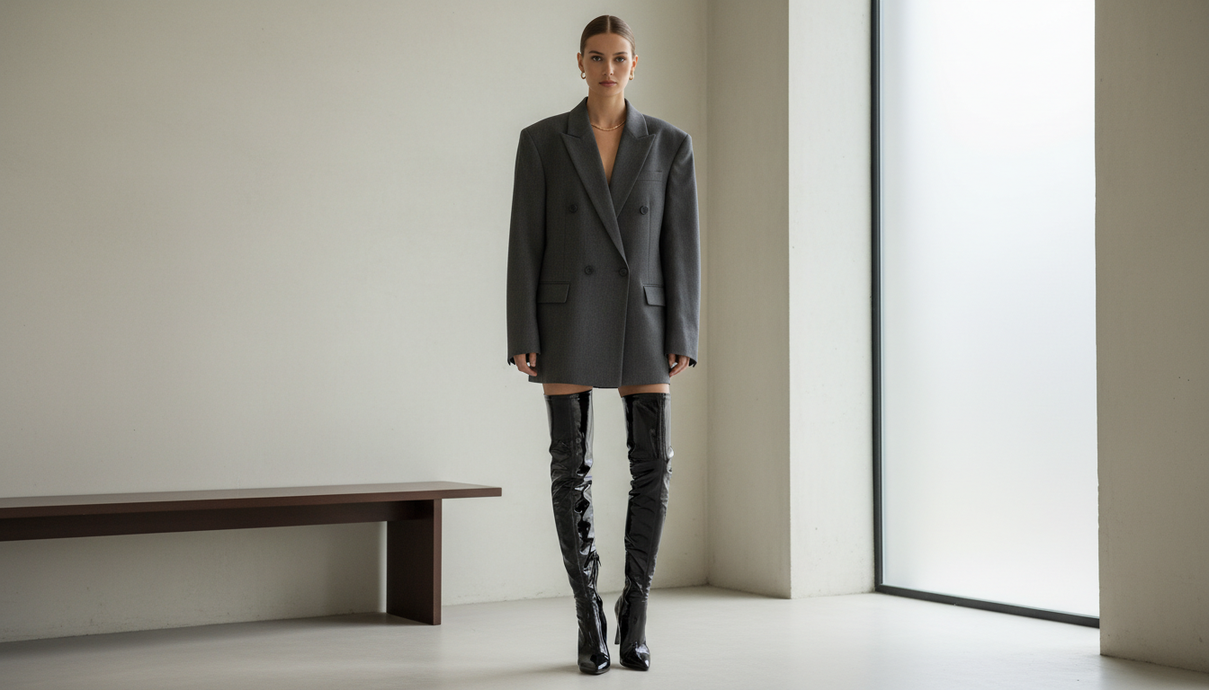 Высокие, облегающие ботфорты из черной лаковой кожи, стилизованные с оверсайз блейзером в мужском стиле.