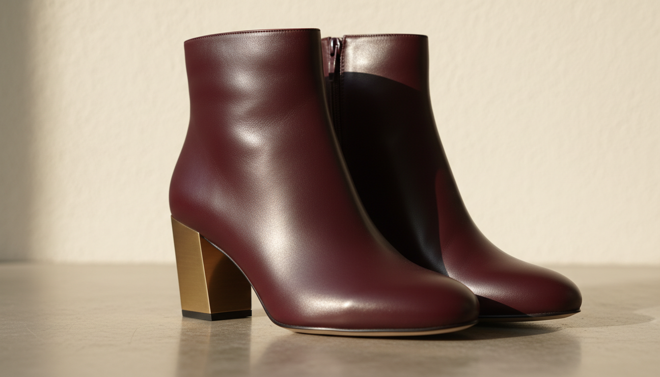 Крупный план ботильонов из бордовой гладкой кожи с геометрическим каблуком.