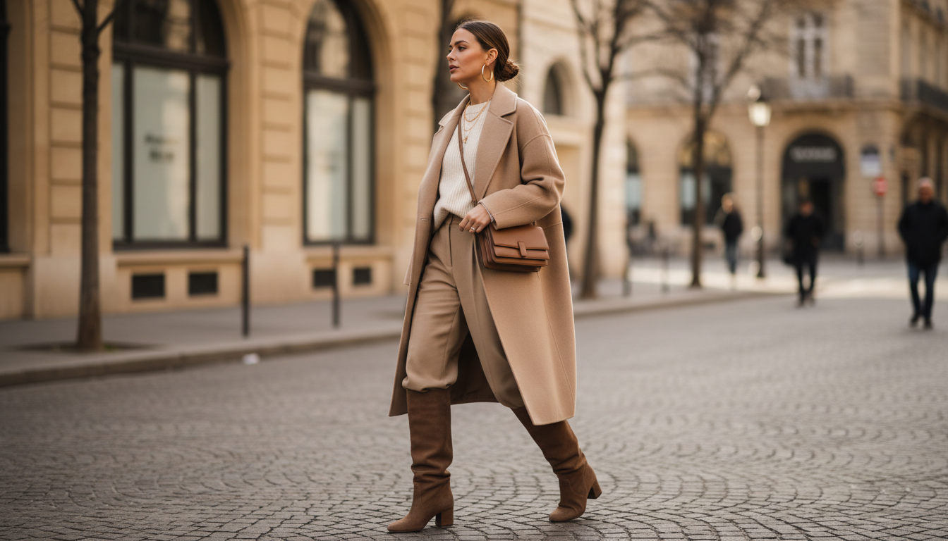 Стильный лук: женщина в бежевом пальто-коконе и сапогах-трубах цвета мокко на низком каблуке.
