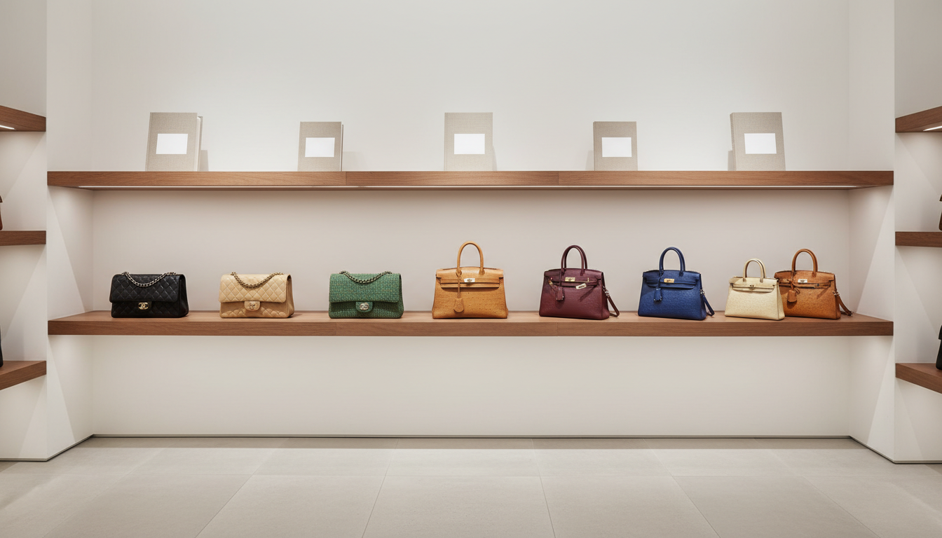 Ряд идеально сохранившихся винтажных сумок Chanel и Hermès на полке специализированного бутика
