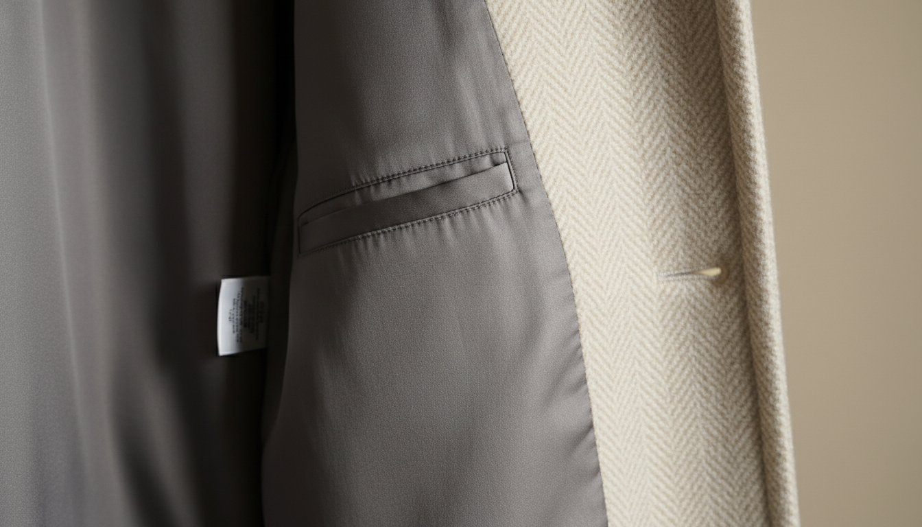 Крупный план, показывающий ровные стежки и качественную подкладку дизайнерского пальто