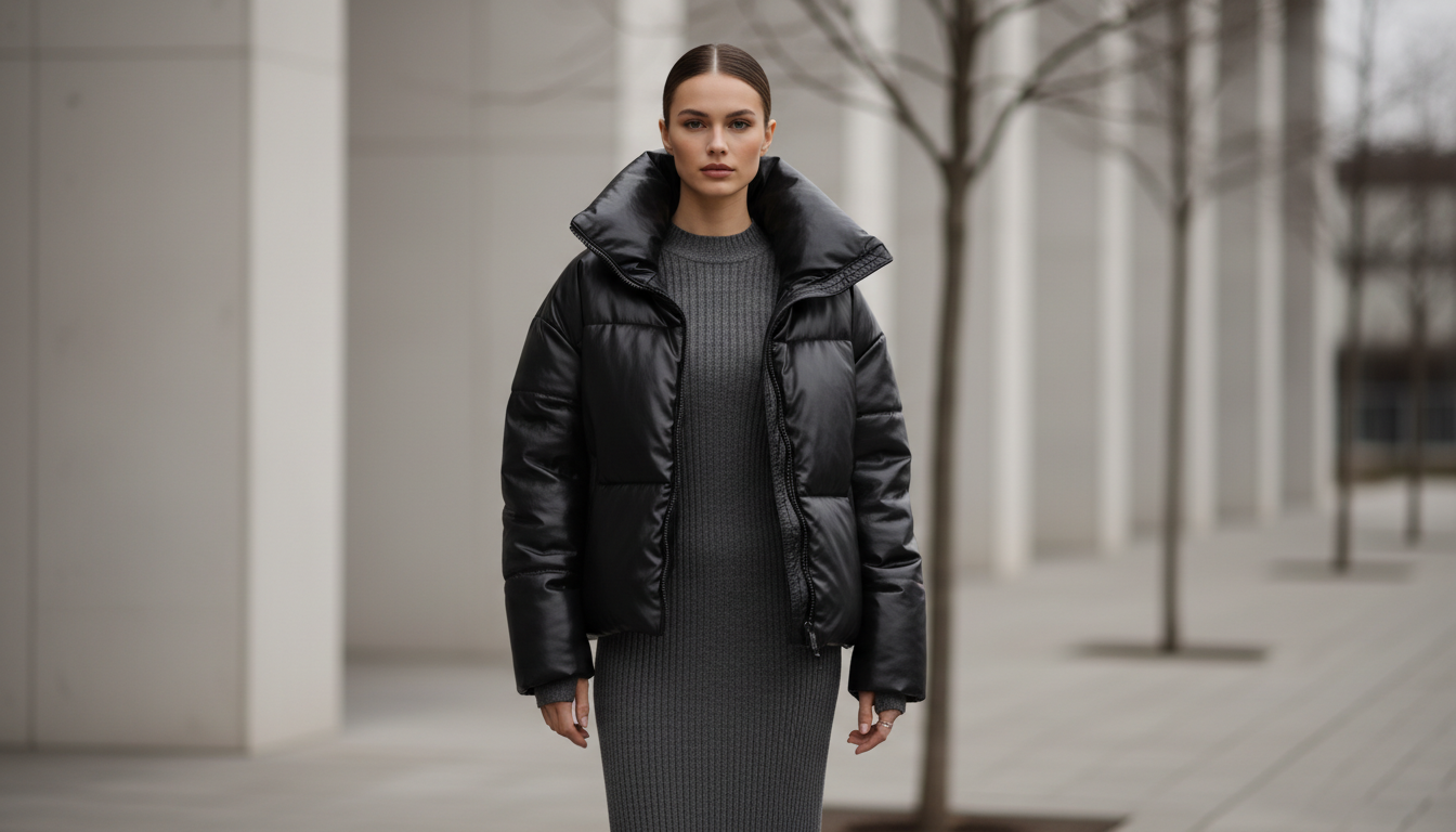 Скульптурный пуховик из черной глянцевой эко-кожи с высоким воротником-стойкой, надетый поверх тонкого трикотажного платья.