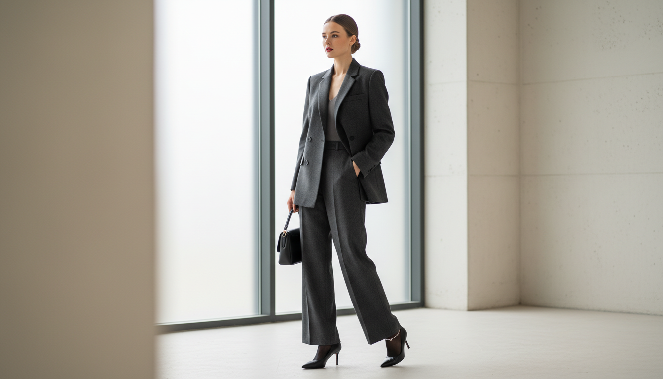 Образ с kitten heels, стилизованными с плотными колготками и шерстяным костюмом.