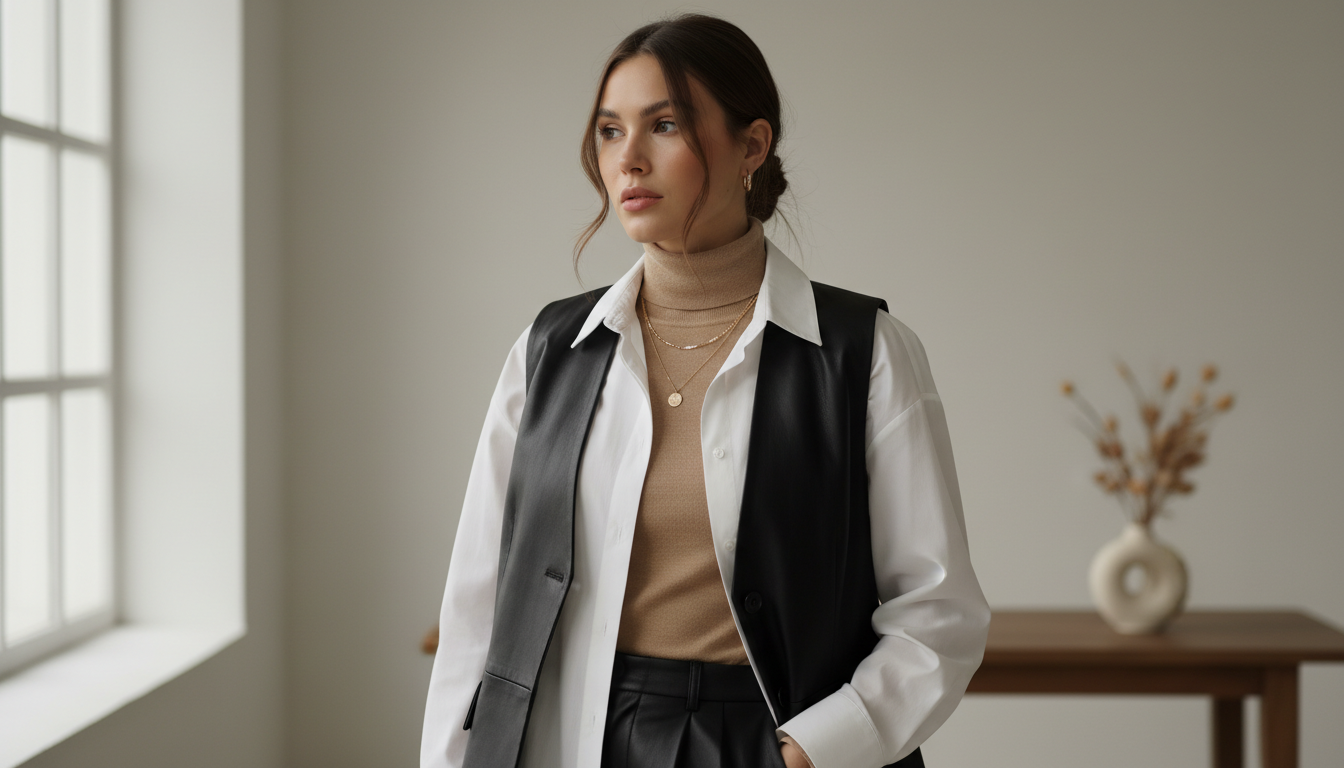 Девушка в бежевой тонкой водолазке, надетой под расстегнутую белую рубашку и кожаный жилет.