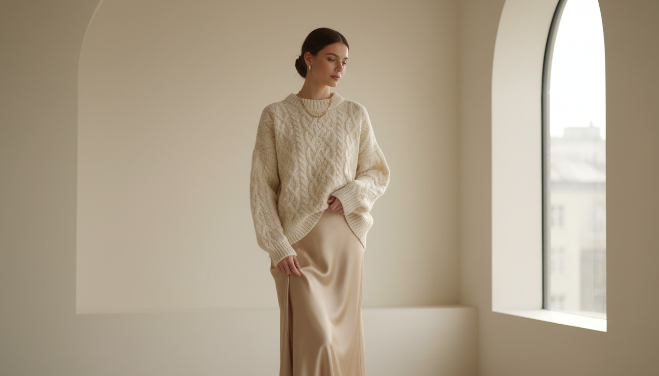 Стилизованный образ, где крупный винтажный свитер с косами надет поверх длинного шелкового платья.