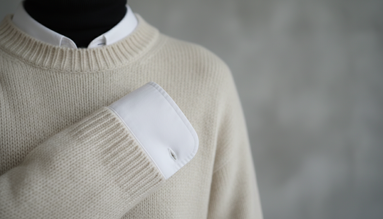 Крупный план на детали многослойного образа: манжеты рубашки, выглядывающие из-под рукавов свитера, и воротник водолазки.