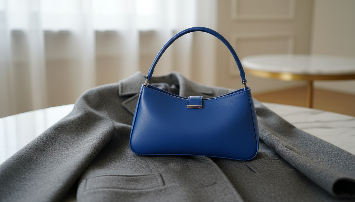 Крупный план: ярко-синяя сумка-багет на фоне серого кашемирового пальто.