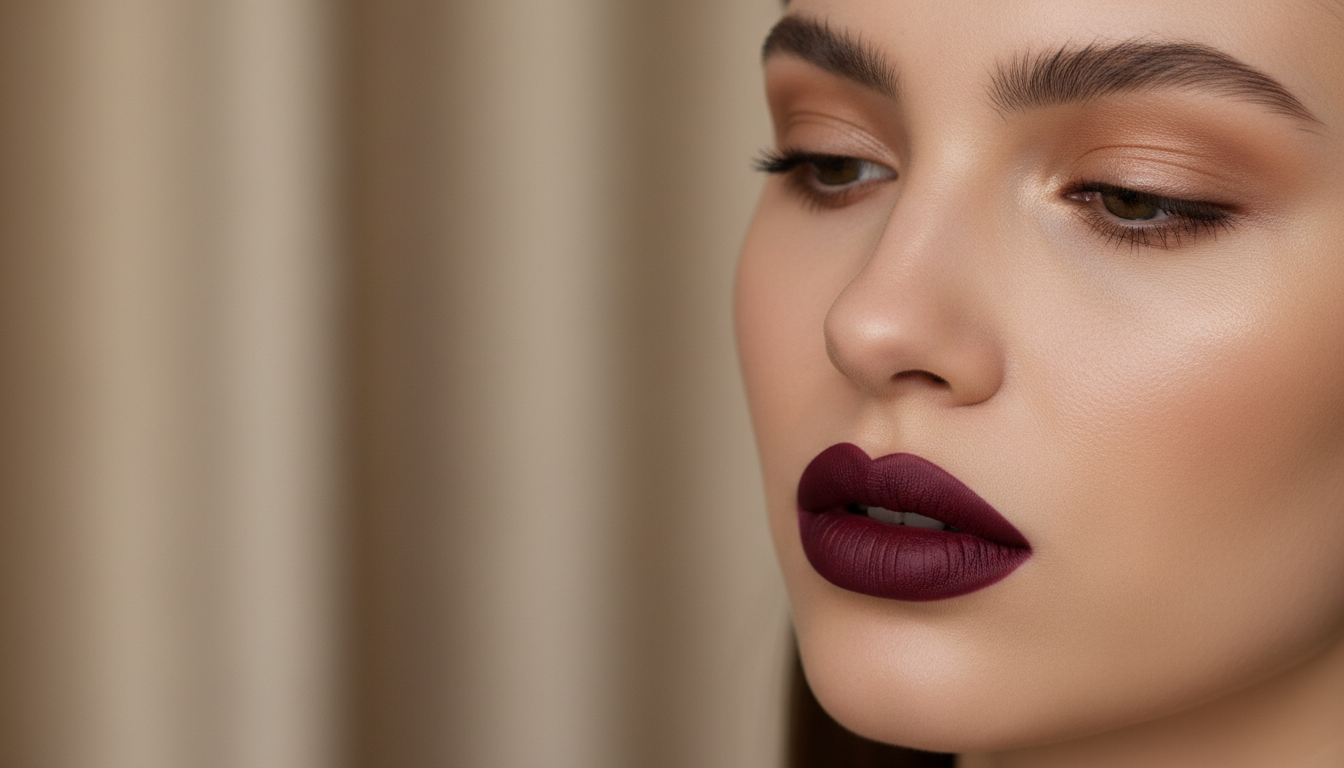 Крупный план: Модель с идеально ровным тоном кожи и насыщенными винными матовыми губами.