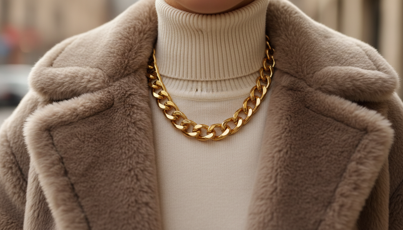 Детализированный снимок крупной золотой цепочки, надетой поверх высокого ворота свитера, выглядывающего из-под плюшевого пальто.